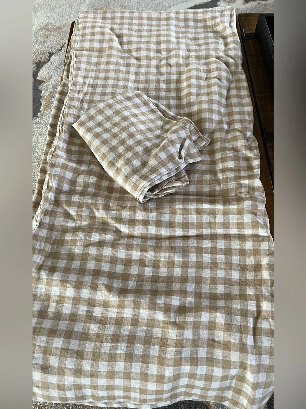 Quince European Linen 2 Piece Gingham Duvet Cover Set, Twin (Cafe/White)